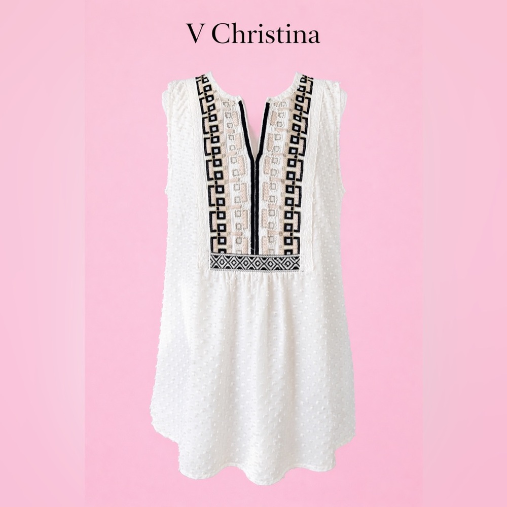 V Christina Ivory Sleeveless Swiss Dot Tunic with Black & Tan Embroidery